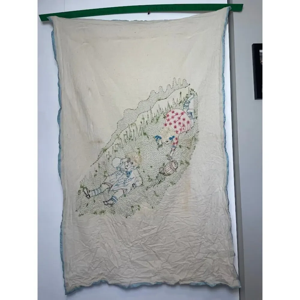 Vintage Hand Embroidered Baby Blanket Jack and Jill Nursery Rhyme Rare 60's 70's